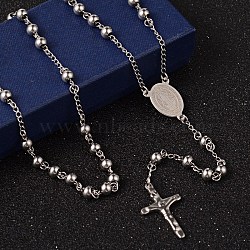 Non-Tarnish Crucifix Cross Stainless Steel Rosary Bead Necklaces, 304 Stainless Steel Chain with 201 Stainless Steel Findings, For Easter, Stainless Steel Color, 27.6 inch(70cm)(X-NJEW-O096-27)