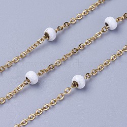 Ion Plating(IP) 304 Stainless Steel Cable Chains, with Beads, Enamel and Spool, Soldered, Flat Oval , White, 4.9x3.4mm, about 32.8 Feet(10m)/roll(CHS-P008-A08-G)