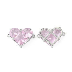 Brass Pave Cubic Zirconia Connector Charms, Heart Links, Real Platinum Plated, Pink, 18.5x26x7.5mm, Hole: 1.6mm(X-KK-L208-04P-03)