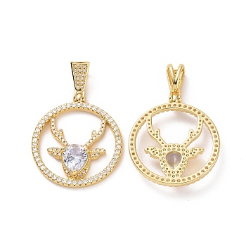 Brass Micro Pave Cubic Zirconia Pendants, Round Ring with Deer Head Charms, Golden, Clear, 33.5x30x5.5mm, Hole: 3.5x8mm