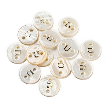 Freshwater Shell Buttons, Flat Round , Letter U, 12x2mm, Hole: 1.6mm