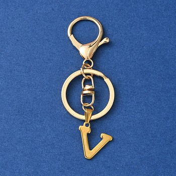 304 Stainless Steel Initial Letter Charm Keychains, with Alloy Clasp, Golden, Letter V, 8.5cm