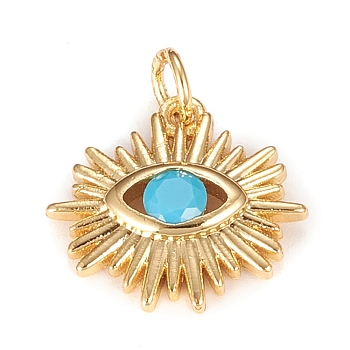 Brass Micro Pave Cubic Zirconia Pendants, Sun with Blue Eye, Real 18K Gold Plated, 16.9x15.7x3mm, Hole: 3mm, Jump Ring: 5x0.8mm