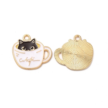 Alloy Enamel Pendants, Cadmium Free & Nickel Free & Lead Free, Golden, Cup with Cat Charm, White, 19x20x1mm, Hole: 1.8mm