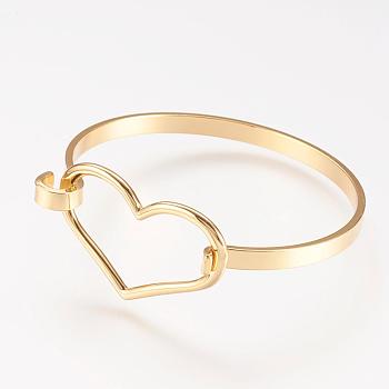 Brass Bangle, Real 18K Gold Plated, Heart, Golden, 1-3/4 inchx2-1/8 inch(48x55mm)