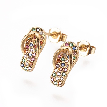 Brass Micro Pave Cubic Zirconia Stud Earrings, Flip Flops/Slipper, Golden, Colorful, 12x5.5~6mm, Pin: 0.8mm