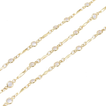 3.28 Feet Handmade Brass Beaded Chains, Soldered, with Clear Cubic Zirconia, Long-Lasting Plated, Real 18K Gold Plated, 8.5x2x2mm
