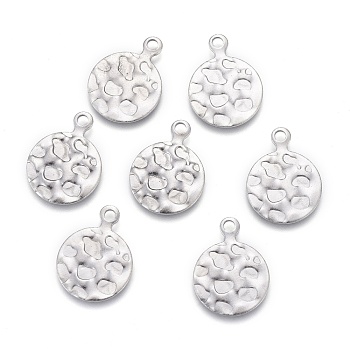 304 Stainless Steel Charms, Laser Cut, Textured, Flat Round, Stainless Steel Color, 13x10x0.6mm, Hole: 1.4mm