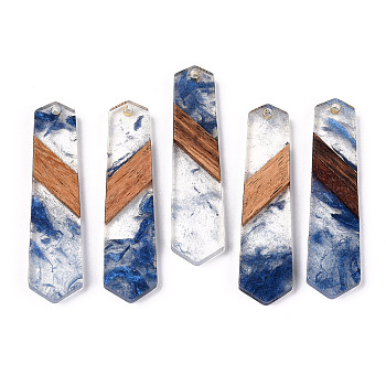 Transparent Resin & Walnut Wood Pendants, Hexagon Charms, Royal Blue, 49x12x3.5mm, Hole: 2mm