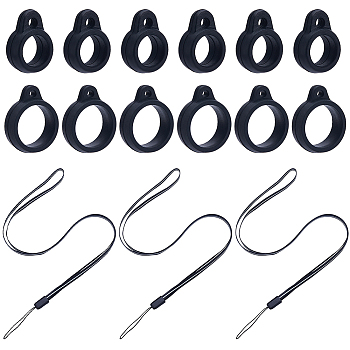 16 Strands Rubber Lanyard Straps, with Plastic Findings, with 16Pcs Silicone Pendant, for Electronic Stylus & Lighter Making, Black, 1.6x1.2x0.6cm, Inner Diameter: 0.8cm
