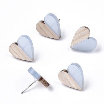 Transparent Resin & Wood Stud Earrings, with 304 Stainless Steel Pin, Heart, Light Steel Blue, 15x14~15mm, Pin: 0.7mm