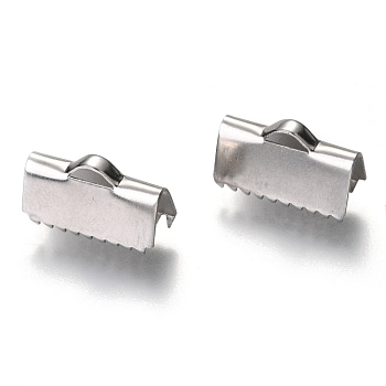 Unicraftale 304 Stainless Steel Ribbon Crimp Ends, Rectangle, Stainless Steel Color, 9x15x6mm, Hole: 1x1mm, 4mm Inner Diameter