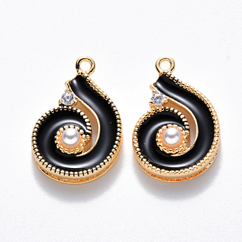 Brass Micro Pave Cubic Zirconia Pendants, with ABS Plastic Imitation Pearl, Enamel, Nickel Free, Spiral, Real 18K Gold Plated, Black, 17x11x4.5mm, Hole: 1mm