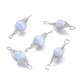 Natural Blue Lace Agate Links Connectors, Wire Wrapped Links, with Platinum Tone Brass Wires, Round, Undyed, 34x11x10mm, Hole: 3x2.5mm