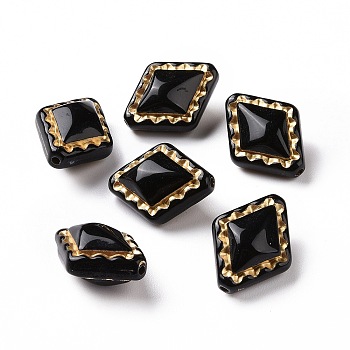 Plating Opaque Acrylic Beads, Golden Metal Enlaced, Rhombus, Black, 18x14x9~9.5mm, Hole: 1.5mm