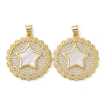 Brass Micro Pave Cubic Zirconia Pendants, with Shell, Flat Round with Star, Real 18K Gold Plated, 27x24x3.5mm, Hole: 4x3.5mm