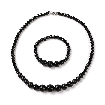 Natural Obsidian Round Beads Bracelets & Necklaces Sets, with 304 Stainless Steel Clasps, 18.70 inch(475mm)