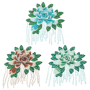 6Pcs 3 Colors Computerized Embroidery Cloth Sew on Patches, Peony Flower Appliques, Ornament Accessories, Mixed Color, 185x155x2.5mm, 2pcs/color