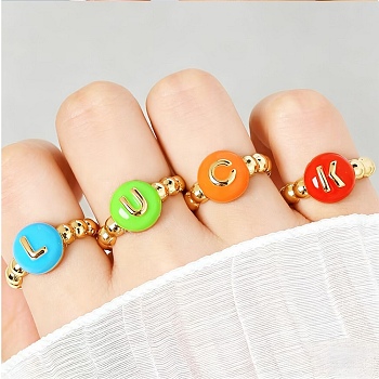 Cute Alloy Enamel Cuff Rings for Women, Round with Letter L/U/C/K, Golden, 4mm,17mm, about 4pcs/set