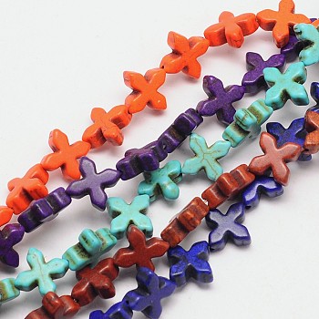 Dyed Synthetical Turquoise Cross Bead Strand, Mixed Color, 14x15x5mm, Hole: 1mm, about 29pcs/strand, 14.9 inch