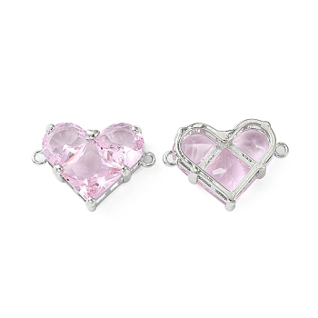 Brass Pave Cubic Zirconia Connector Charms, Heart Links, Real Platinum Plated, Pink, 18.5x26x7.5mm, Hole: 1.6mm