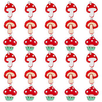 30Pcs 3 Styles Opaque Resin Pendants, with Platinum Tone Iron Loops, Mushroom Charm, Mixed Shapes, Red, 27.5~30x19~23x6~9.5mm, Hole: 2mm, 10pcs/style