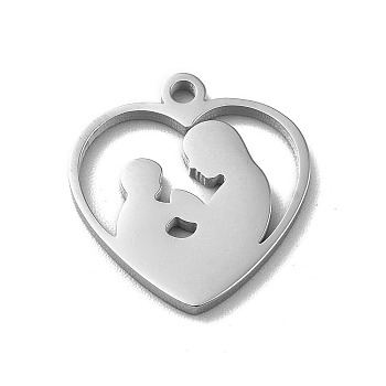 Mother's Day Theme 304 Stainless Steel Pendants, Stainless Steel Color, Child/Mother/Heart Charms, Heart, 16.5x15.5x1.3mm, Hole: 1.5mm