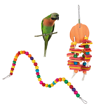 2Pcs 2 Style Wood Parrot Chew Toy, with Iron and Cotton Rope, Mixed Color, 1pc/style