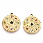 304 Stainless Steel Rhinestone Pendants, Flat Round Evil Eye, Ion Plating(IP), Real 18K Gold Plated, Colorful, 23x20.5x3mm, Hole: 1.6mm(STAS-T064-49)