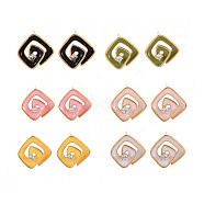 Brass Micro Pave Clear Cubic Zirconia Stud Earring Findings with Enamel, Nickel Free, Rhombus with Hole, Mixed Color, Real 18K Gold Plated, 15x15.5mm, Hole: 1mm, Pin: 0.7mm(KK-S356-624G-NF)