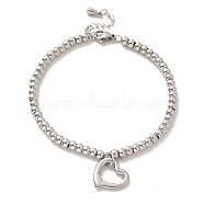 304 Stainless Steel Heart Charm Bracelet with 201 Stainless Steel Round Beads for Women, Stainless Steel Color, 8-3/4 inch(22.2cm)(BJEW-B057-12P)