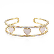 Enamel Heart Open Cuff Bangle with Clear Cubic Zirconia, Real 18K Gold Plated Brass Jewelry for Women, Creamy White, Inner Diameter: 2-1/4 inch(5.8cm)(BJEW-N012-024)