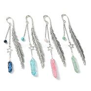 4Pcs 4 Style Electroplated Natural Quartz Crystal Pendant Bookmark with Gemstone Round Bead, Tibetan Style Alloy Feather & Star Bookmarks, Mixed Color, 118~135mm, 1pc/style(AJEW-TA00012)