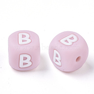 Food Grade Eco-Friendly Silicone Beads, Horizontal Hole, Chewing Beads For Teethers, DIY Nursing Necklaces Making, Letter Style, Cube, Pink, Letter.B, 10x10x10mm, Hole: 2mm(X-SIL-R011-10mm-04B)