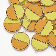 Eco-Friendly Cowhide Leather  Pendants, with Golden Plated Alloy Cabochon Settings, Two Tone, Flat Round, Yellow, 33x28.5x2mm, Hole: 1.8mm(FIND-N049-01R)
