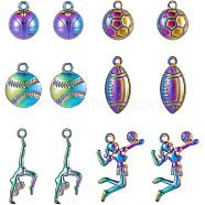 CHGCRAFT 12Pcs 6 Style Plated Alloy Pendants, Cadmium Free & Lead Free, Baseball/Softball & Athlete & Football, Rainbow Color, 14~30x10~12x2~4mm, Hole: 1.5~2mm, 2pcs/style(FIND-CA0005-71)