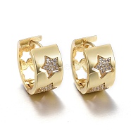 Brass Micro Pave Cubic Zirconia Huggie Hoop Earrings, Long-Lasting Plated, Hollow, Ring with Star, Clear, Real 18K Gold Plated, 17.5x9mm, Pin: 0.8mm(EJEW-K083-40G-B)