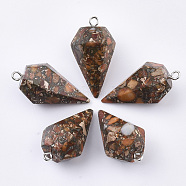 Synthetic Gold Line Regalite/Imperial Jasper/Sea Sediment Jasper Pointed Pendants, with Platinum Plated Iron Findings, Dyed, Cone Pendulum, Orange, 43~44x23.5x20~21.5mm, Hole: 3mm(G-S329-081G)
