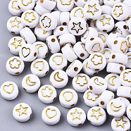 Opaque Acrylic Beads, Flat Round with Mixed Patterns, Golden Plated, White, 7x4mm, Hole: 1.6mm, about 1850pcs/250g(PACR-SZ0001-003B)