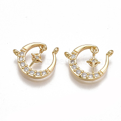 Brass Micro Pave Cubic Zirconia Charms, Real 18K Gold Plated, Crescent, Clear, 11.5~12x13.5~14.5x2mm, Hole: 1mm(X-KK-T038-388G)