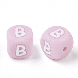 Food Grade Eco-Friendly Silicone Beads, Horizontal Hole, Chewing Beads For Teethers, DIY Nursing Necklaces Making, Letter Style, Cube, Pink, Letter.B, 10x10x10mm, Hole: 2mm(X-SIL-R011-10mm-04B)