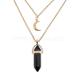 Natural Black Agate Cone Pendant Double Layer Necklace, with Moon Charms, 19.69 inch(50cm)(UX9990-19)