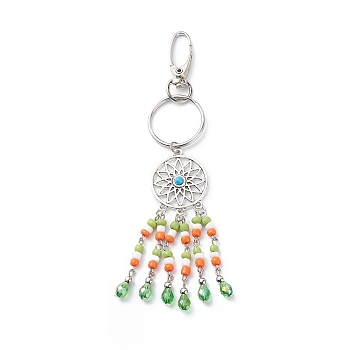 Woven Net/Web Pendant Keychain, Glass Seed Beaded Keychain, with Iron Findings, Colorful, 14cm