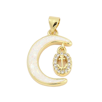 Brass Micro Pave Cubic Zirconia Pendants, with Synthetic Opal, Long-Lasting Plated, Rack Plating, Lead Free & Cadmium Free, Moon & Oval Charm, Real 18K Gold Plated, Anchor & Helm, 21~21.5x15.5~16x3mm, Hole: 3.2x4mm