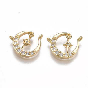 Brass Micro Pave Cubic Zirconia Charms, Real 18K Gold Plated, Crescent, Clear, 11.5~12x13.5~14.5x2mm, Hole: 1mm