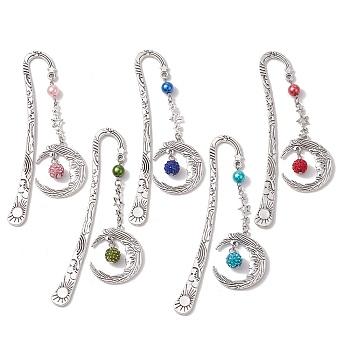 Alloy Moon Pendant Bookmark, Tibetan Style Alloy Hook Bookmarks, with Glass Pearl, Mixed Color, 112mm
