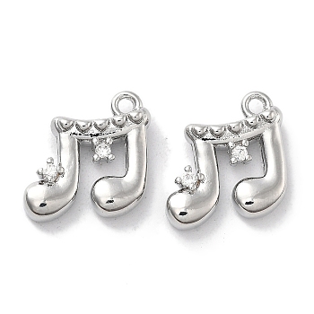 Brass Micro Pave Clear Cubic Zirconia Charms, Musical Note, Real Platinum Plated, 11.5x11x3.5mm, Hole: 1.2mm