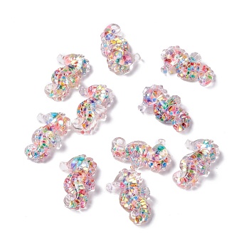 Transparent Resin Cabochons, Sea Horse with Sequins, Colorful, 25x16x6.5mm
