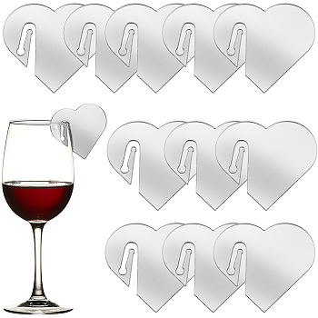 Acrylic Mirror Wine Glass Charms, Goblet Marker, Silver, Heart, 45x50x1.5mm, 20pcs/box