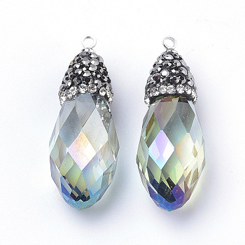 Electroplate Glass Pendants, with Rhinestone and Iron Findings, Faceted, Platinum, teardrop, Colorful, 32~33x12mm, Hole: 1mm